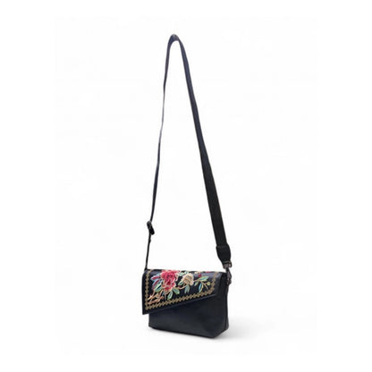 Women's Polyurethane Floral Embroidered Crossbody Sling Bag with Adjustable & Removable Strap (Black) - POPNOVA