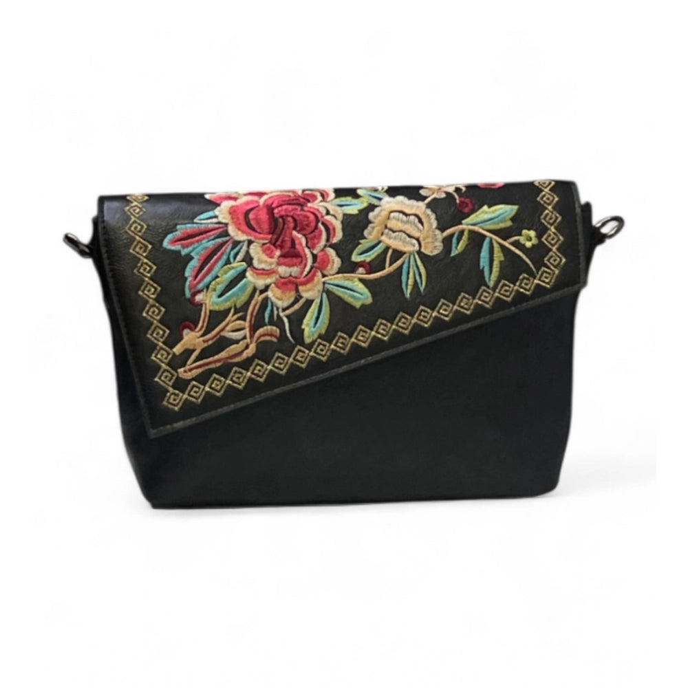 Women's Polyurethane Floral Embroidered Crossbody Sling Bag with Adjustable & Removable Strap (Black) - POPNOVA