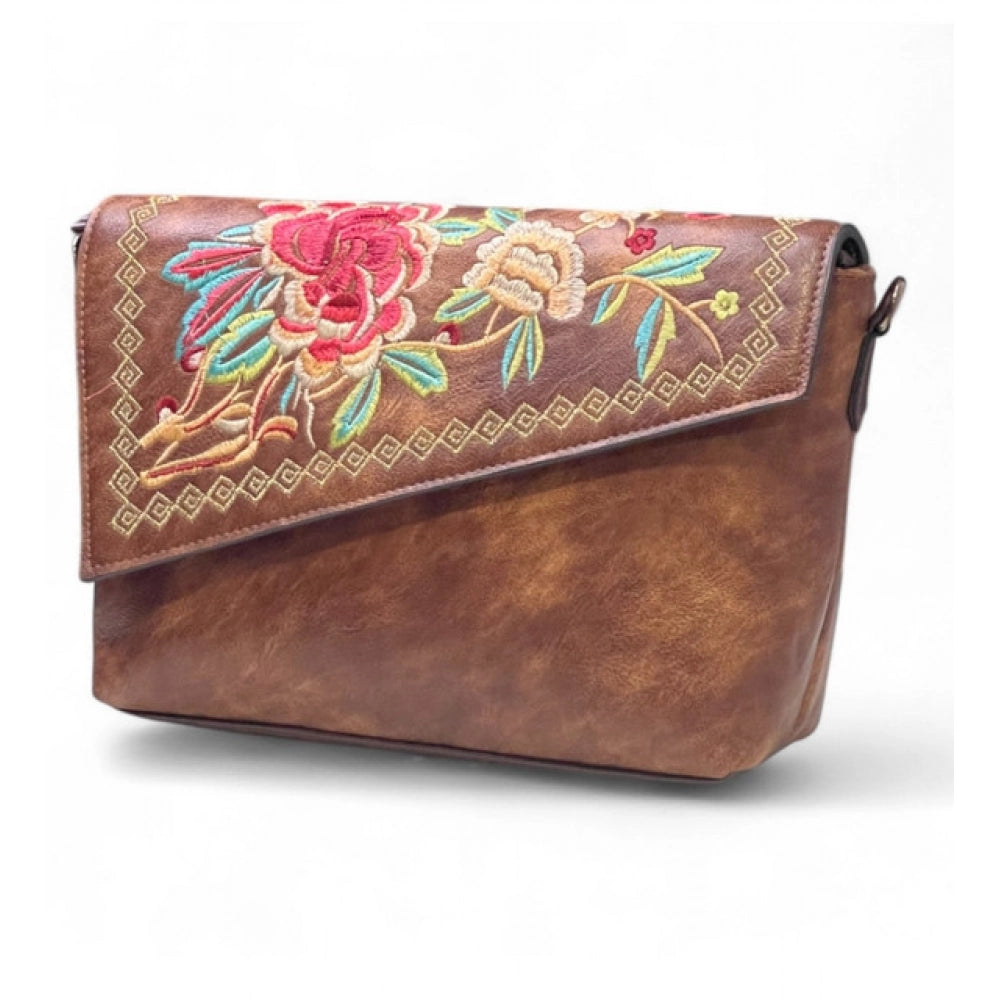 Women's Polyurethane Floral Embroidered Crossbody Sling Bag with Adjustable & Removable Strap (Brown) - POPNOVA