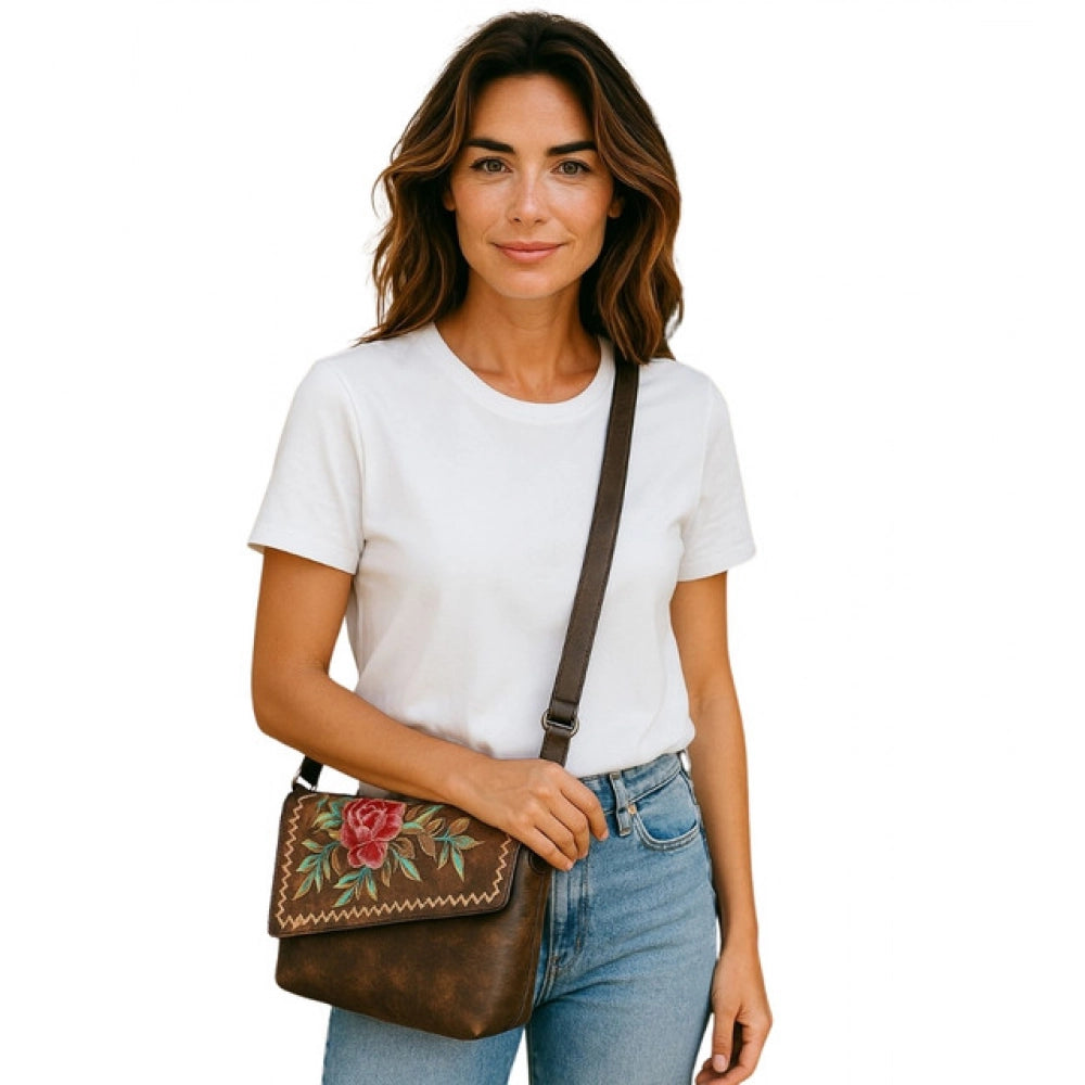 Women's Polyurethane Floral Embroidered Crossbody Sling Bag with Adjustable & Removable Strap (Brown) - POPNOVA