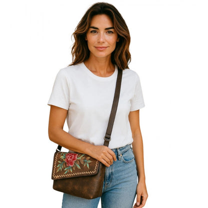 Women's Polyurethane Floral Embroidered Crossbody Sling Bag with Adjustable & Removable Strap (Brown) - POPNOVA