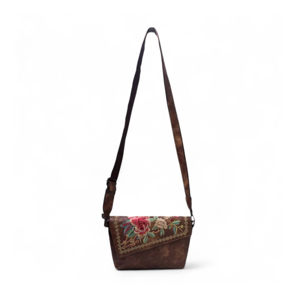 Women's Polyurethane Floral Embroidered Crossbody Sling Bag with Adjustable & Removable Strap (Brown) - POPNOVA