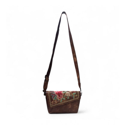 Women's Polyurethane Floral Embroidered Crossbody Sling Bag with Adjustable & Removable Strap (Brown) - POPNOVA