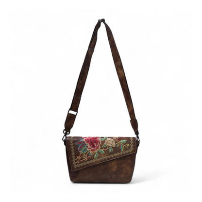 Women's Polyurethane Floral Embroidered Crossbody Sling Bag with Adjustable & Removable Strap (Brown) - POPNOVA