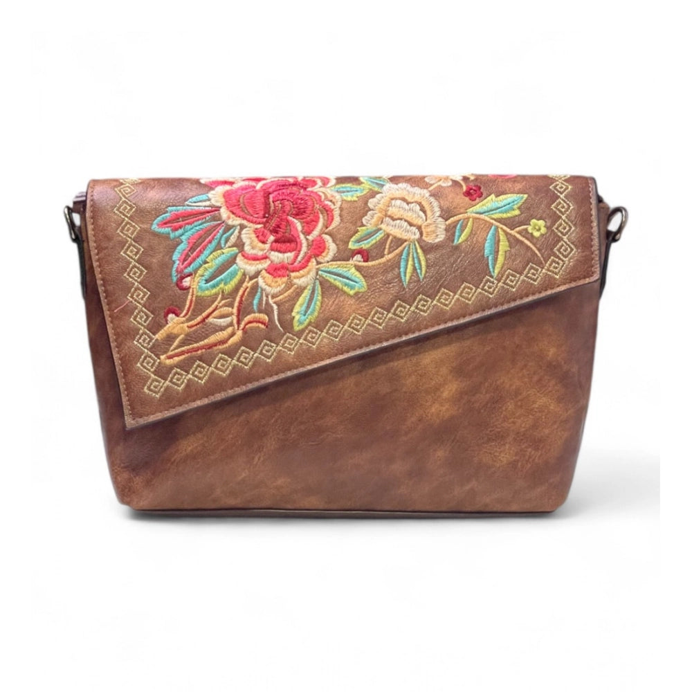 Women's Polyurethane Floral Embroidered Crossbody Sling Bag with Adjustable & Removable Strap (Brown) - POPNOVA
