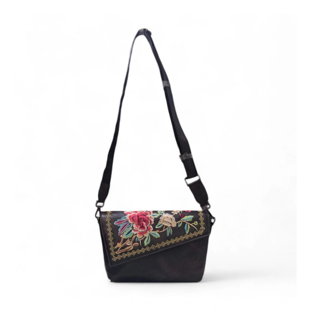Women's Polyurethane Floral Embroidered Crossbody Sling Bag with Adjustable & Removable Strap (Coffee) - POPNOVA