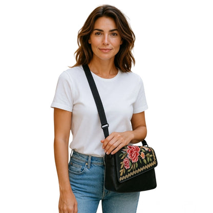 Women's Polyurethane Floral Embroidered Crossbody Sling Bag with Adjustable & Removable Strap (Coffee) - POPNOVA