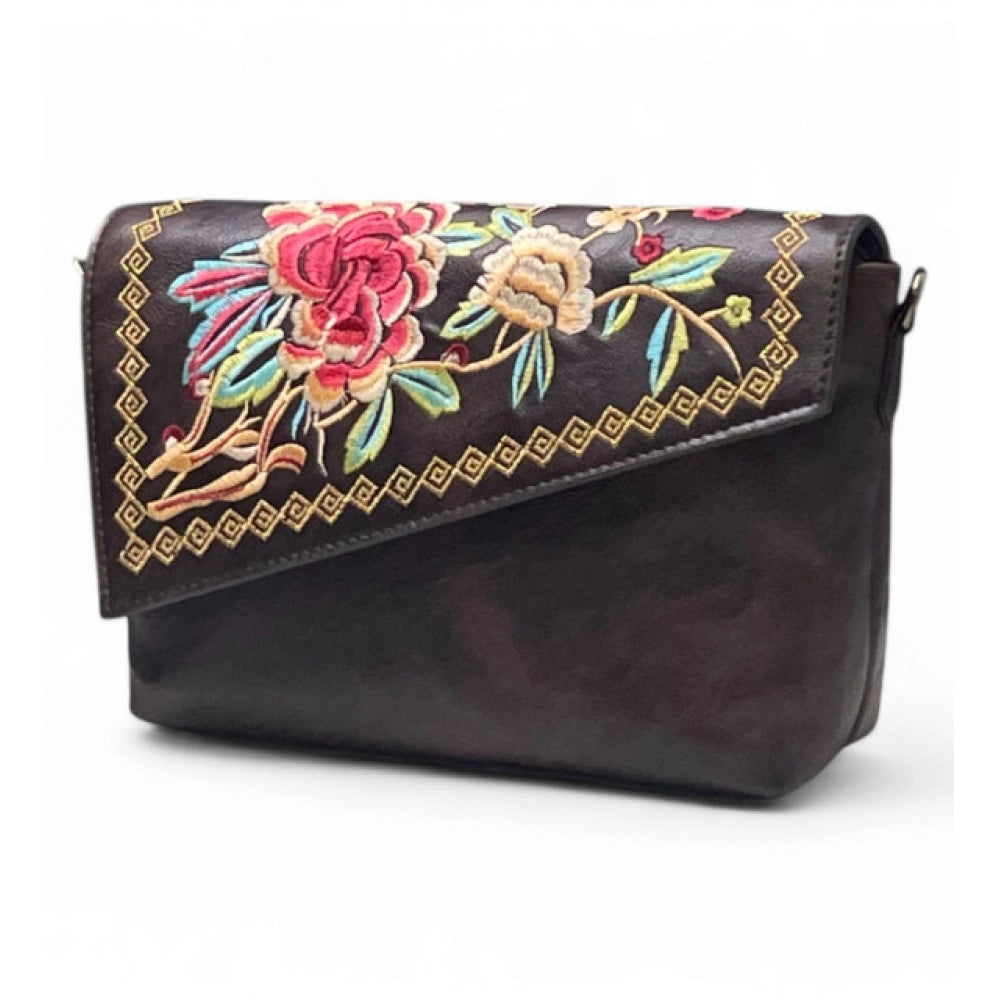 Women's Polyurethane Floral Embroidered Crossbody Sling Bag with Adjustable & Removable Strap (Coffee) - POPNOVA
