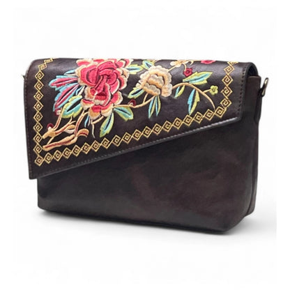 Women's Polyurethane Floral Embroidered Crossbody Sling Bag with Adjustable & Removable Strap (Coffee) - POPNOVA