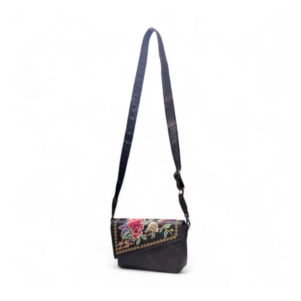 Women's Polyurethane Floral Embroidered Crossbody Sling Bag with Adjustable & Removable Strap (Coffee) - POPNOVA