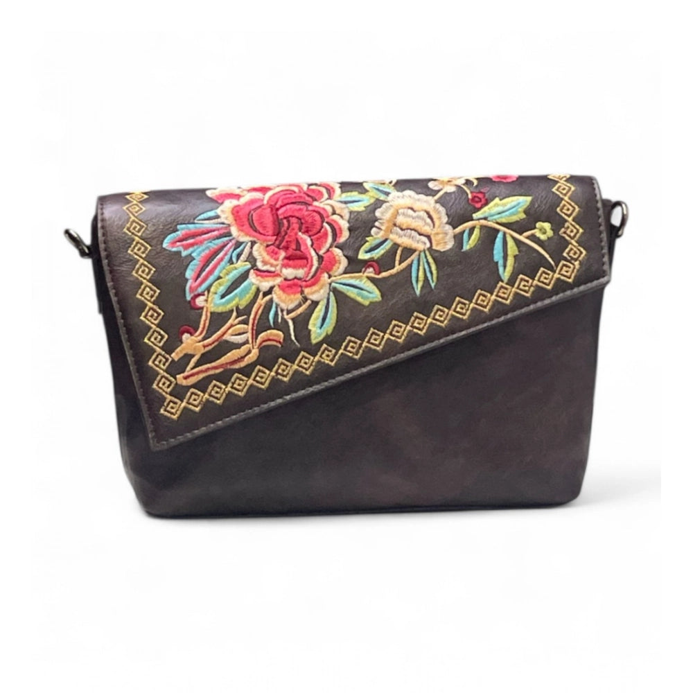 Women's Polyurethane Floral Embroidered Crossbody Sling Bag with Adjustable & Removable Strap (Coffee) - POPNOVA