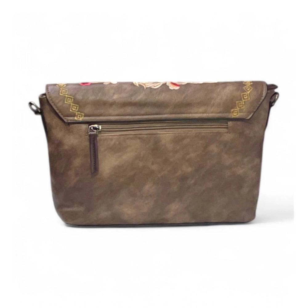 Women's Polyurethane Floral Embroidered Crossbody Sling Bag with Adjustable & Removable Strap (Dark Brown) - POPNOVA