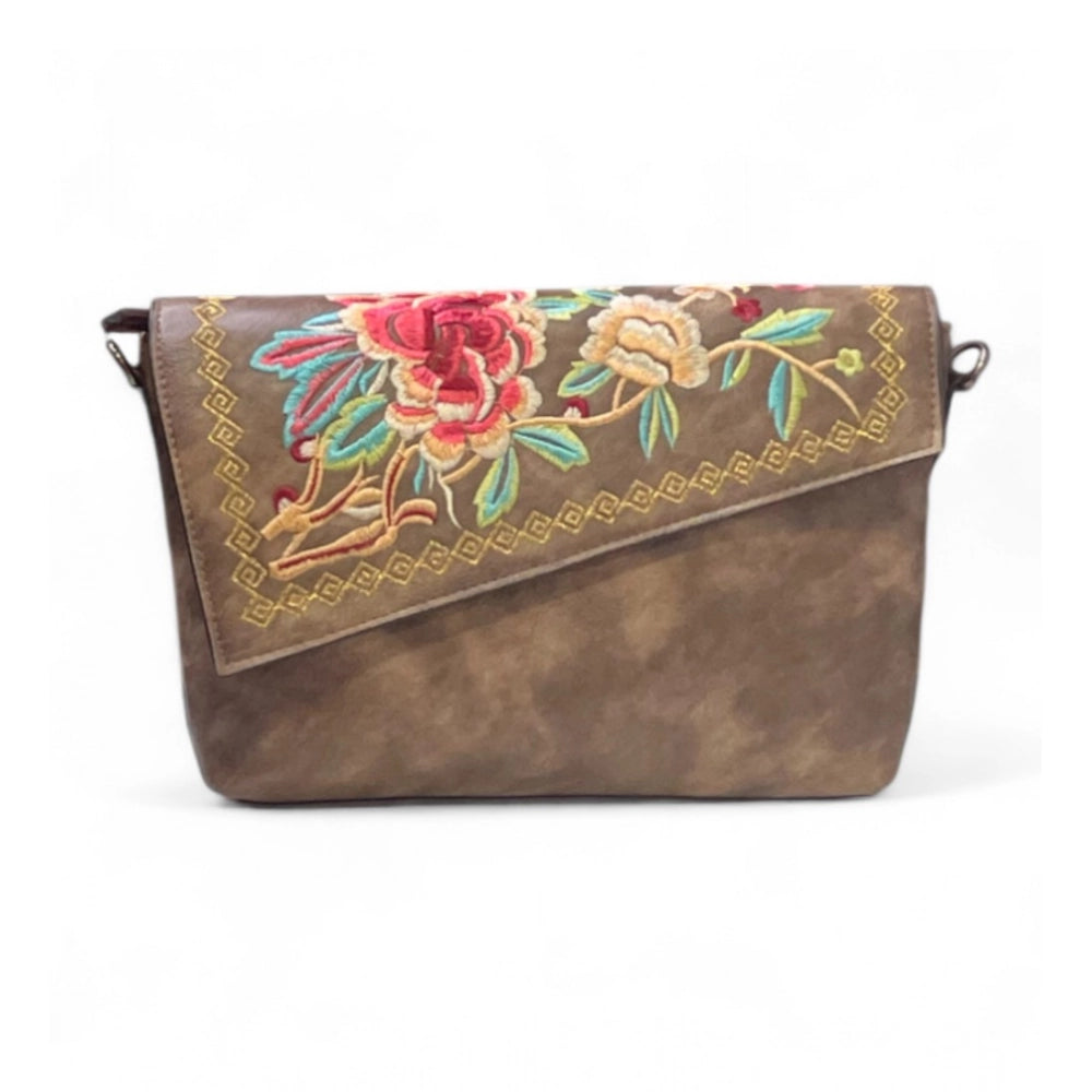 Women's Polyurethane Floral Embroidered Crossbody Sling Bag with Adjustable & Removable Strap (Dark Brown) - POPNOVA