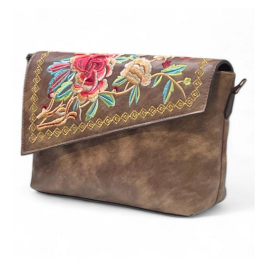 Women's Polyurethane Floral Embroidered Crossbody Sling Bag with Adjustable & Removable Strap (Dark Brown) - POPNOVA