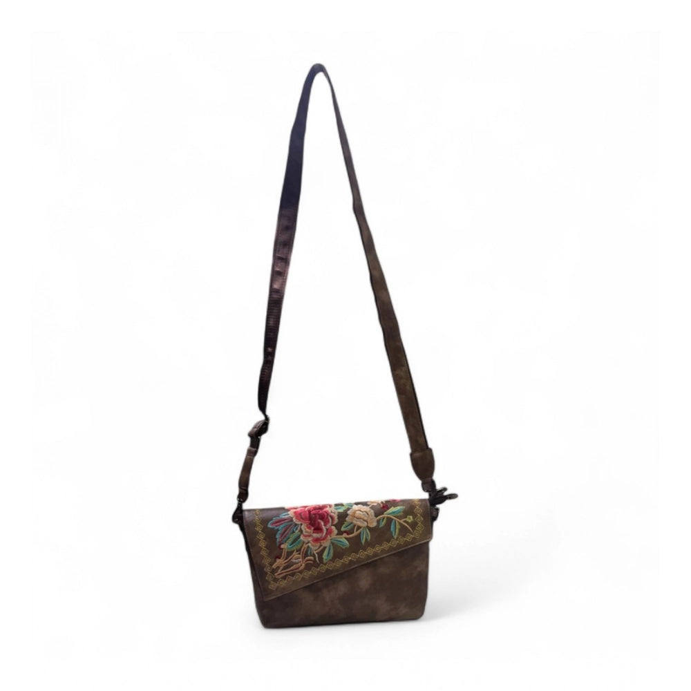 Women's Polyurethane Floral Embroidered Crossbody Sling Bag with Adjustable & Removable Strap (Dark Brown) - POPNOVA