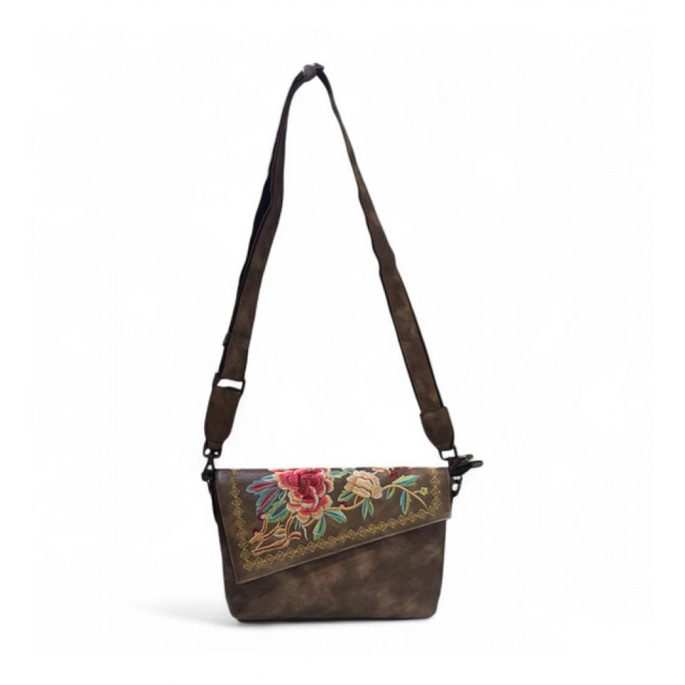 Women's Polyurethane Floral Embroidered Crossbody Sling Bag with Adjustable & Removable Strap (Dark Brown) - POPNOVA