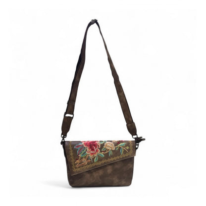 Women's Polyurethane Floral Embroidered Crossbody Sling Bag with Adjustable & Removable Strap (Dark Brown) - POPNOVA