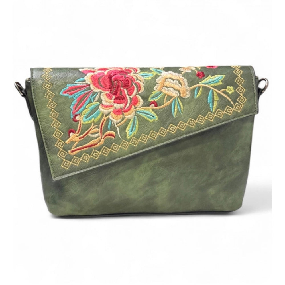Women's Polyurethane Floral Embroidered Crossbody Sling Bag with Adjustable & Removable Strap (Green) - POPNOVA