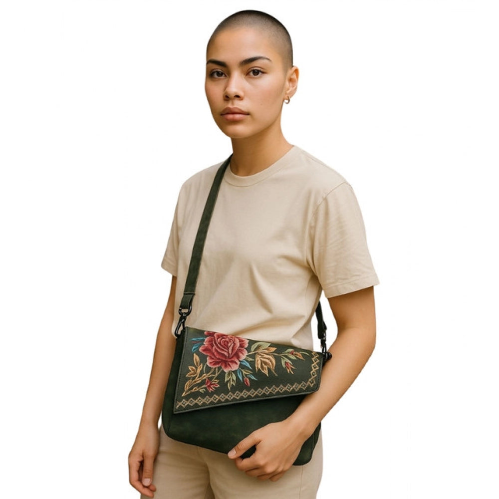 Women's Polyurethane Floral Embroidered Crossbody Sling Bag with Adjustable & Removable Strap (Green) - POPNOVA