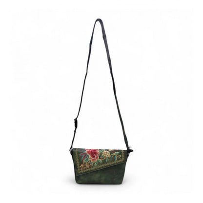 Women's Polyurethane Floral Embroidered Crossbody Sling Bag with Adjustable & Removable Strap (Green) - POPNOVA