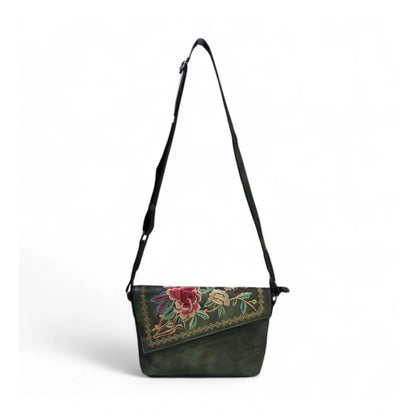 Women's Polyurethane Floral Embroidered Crossbody Sling Bag with Adjustable & Removable Strap (Green) - POPNOVA