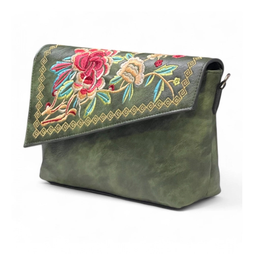 Women's Polyurethane Floral Embroidered Crossbody Sling Bag with Adjustable & Removable Strap (Green) - POPNOVA