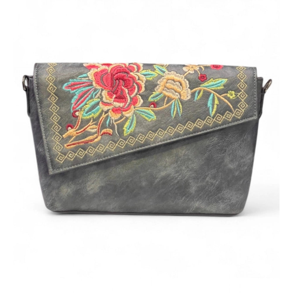 Women's Polyurethane Floral Embroidered Crossbody Sling Bag with Adjustable & Removable Strap (Grey) - POPNOVA