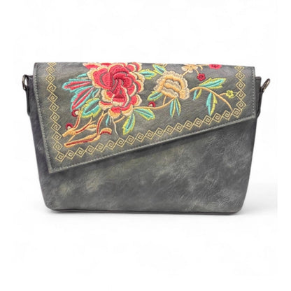 Women's Polyurethane Floral Embroidered Crossbody Sling Bag with Adjustable & Removable Strap (Grey) - POPNOVA