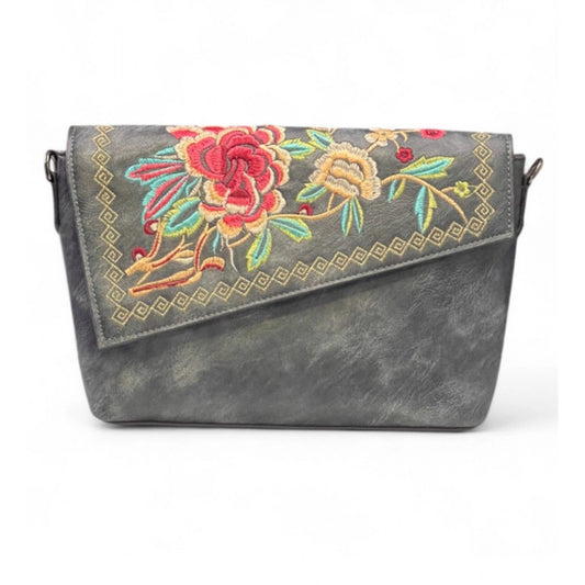 Women's Polyurethane Floral Embroidered Crossbody Sling Bag with Adjustable & Removable Strap (Grey) - POPNOVA