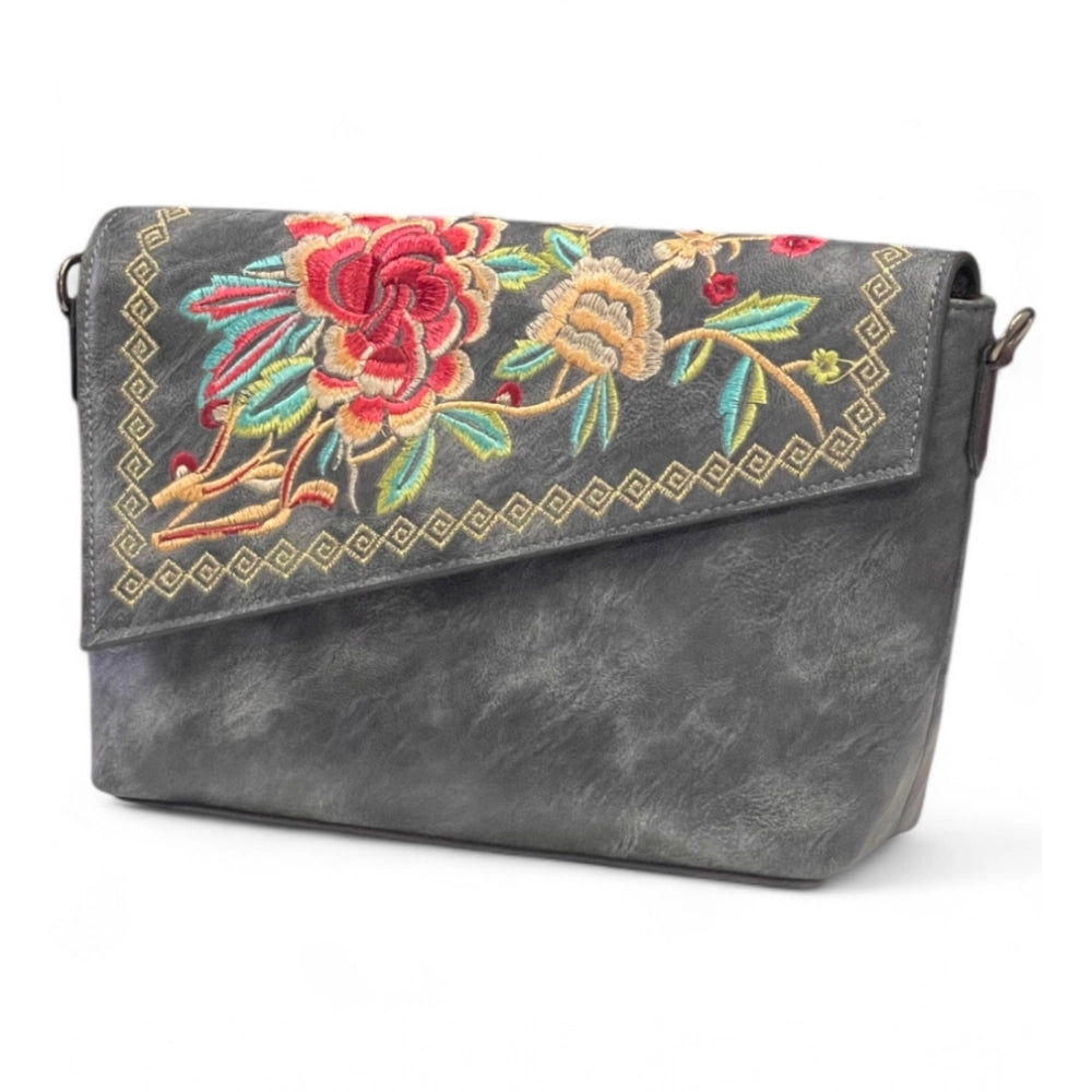 Women's Polyurethane Floral Embroidered Crossbody Sling Bag with Adjustable & Removable Strap (Grey) - POPNOVA