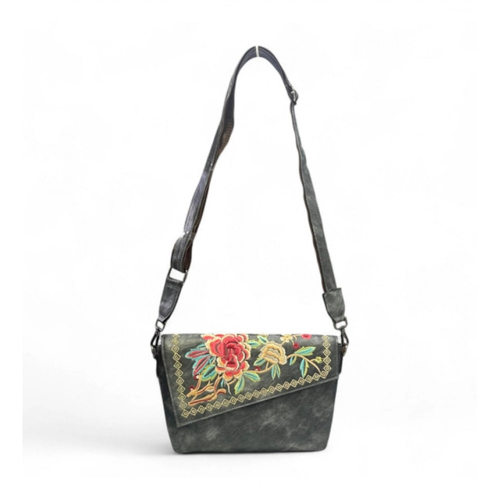 Women's Polyurethane Floral Embroidered Crossbody Sling Bag with Adjustable & Removable Strap (Grey) - POPNOVA