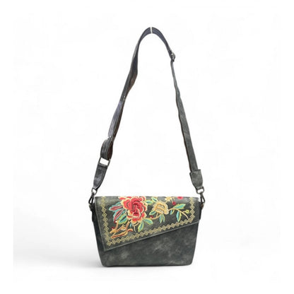 Women's Polyurethane Floral Embroidered Crossbody Sling Bag with Adjustable & Removable Strap (Grey) - POPNOVA