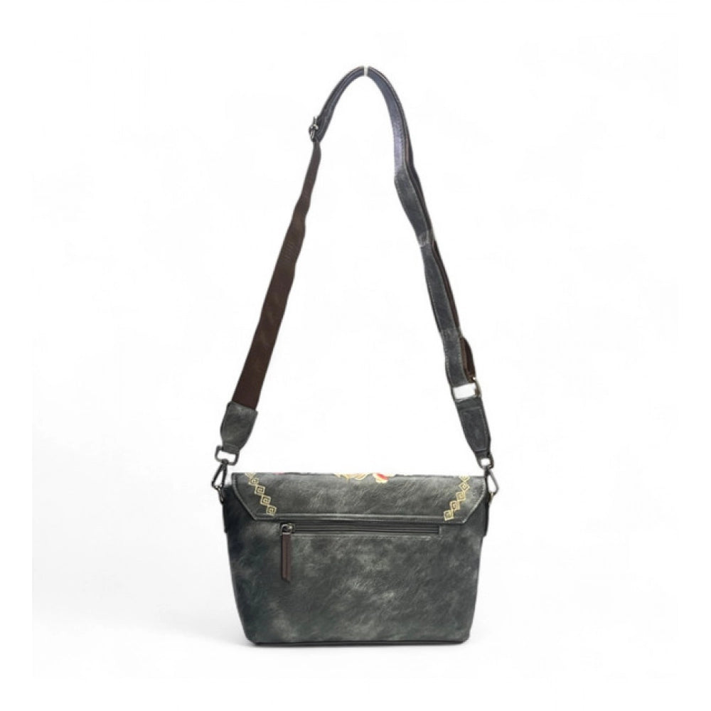 Women's Polyurethane Floral Embroidered Crossbody Sling Bag with Adjustable & Removable Strap (Grey) - POPNOVA