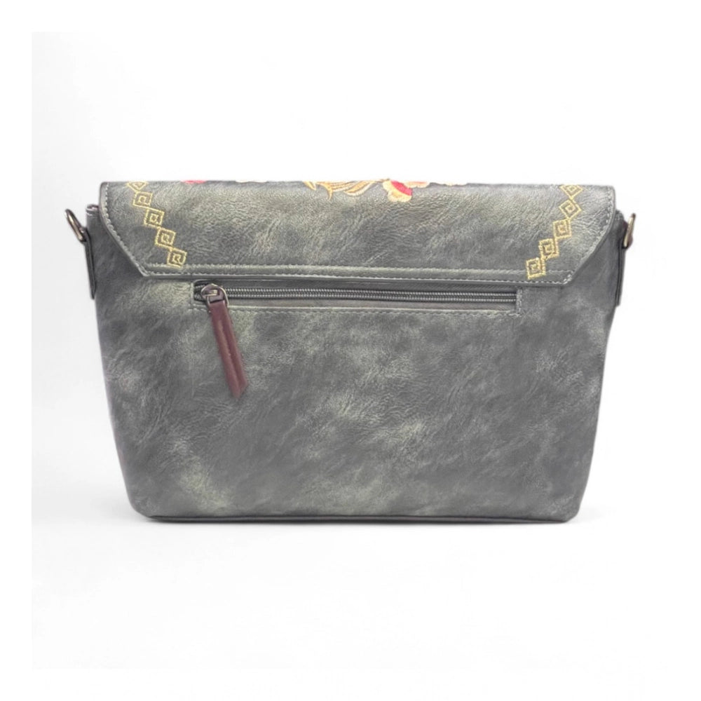 Women's Polyurethane Floral Embroidered Crossbody Sling Bag with Adjustable & Removable Strap (Grey) - POPNOVA