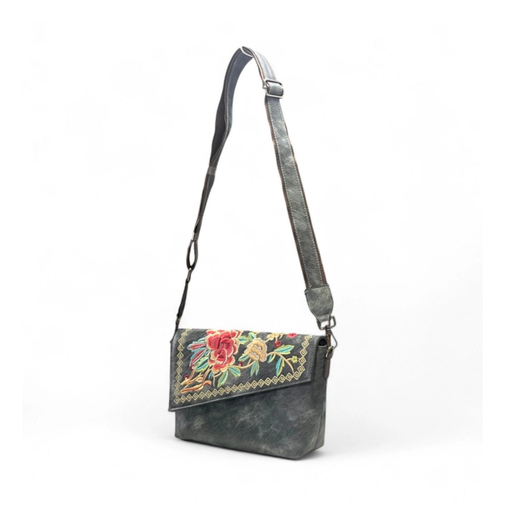 Women's Polyurethane Floral Embroidered Crossbody Sling Bag with Adjustable & Removable Strap (Grey) - POPNOVA
