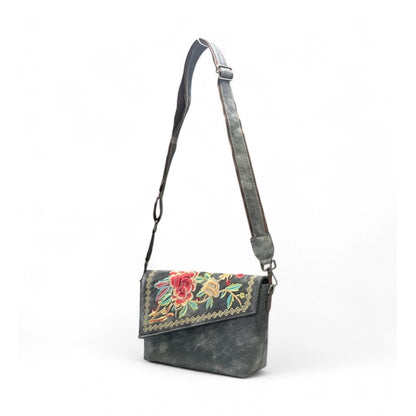 Women's Polyurethane Floral Embroidered Crossbody Sling Bag with Adjustable & Removable Strap (Grey) - POPNOVA