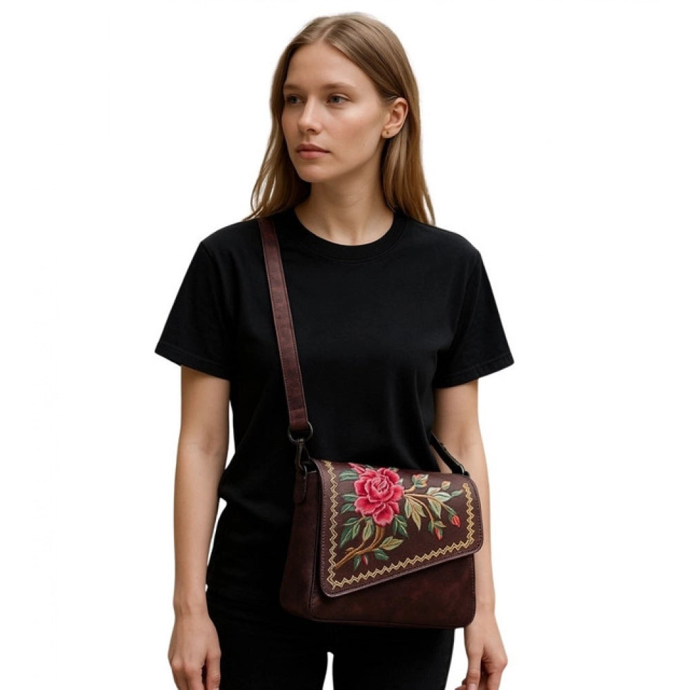 Women's Polyurethane Floral Embroidered Crossbody Sling Bag with Adjustable & Removable Strap (Red) - POPNOVA