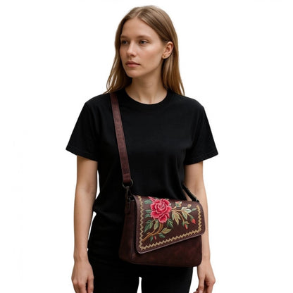 Women's Polyurethane Floral Embroidered Crossbody Sling Bag with Adjustable & Removable Strap (Red) - POPNOVA