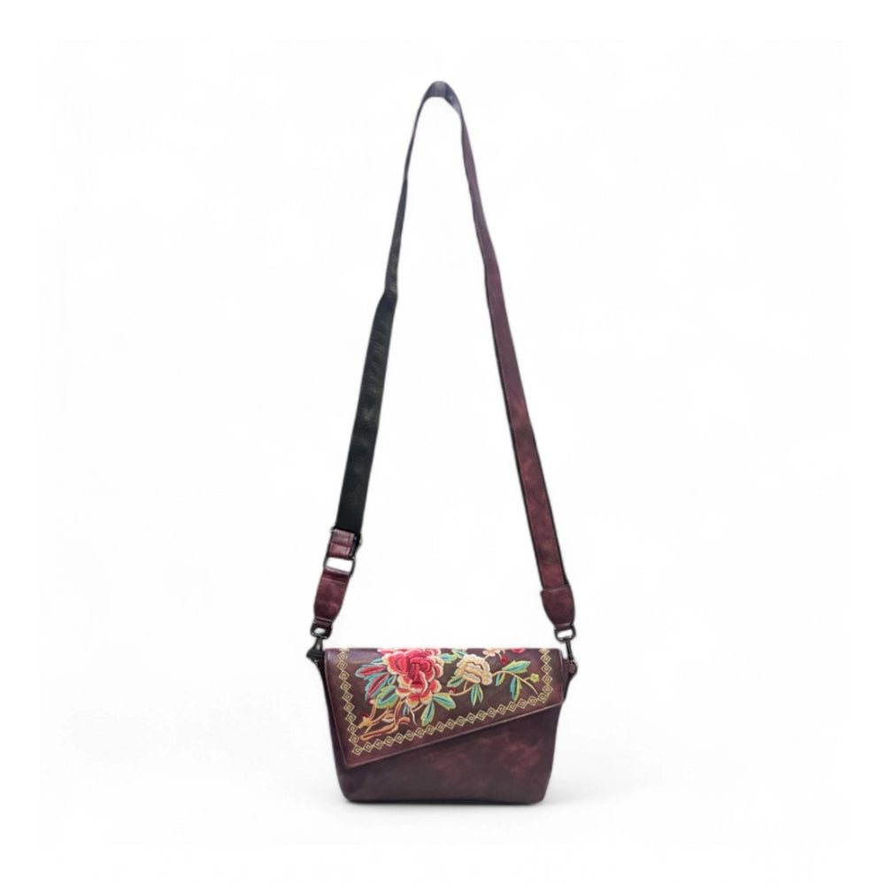 Women's Polyurethane Floral Embroidered Crossbody Sling Bag with Adjustable & Removable Strap (Red) - POPNOVA