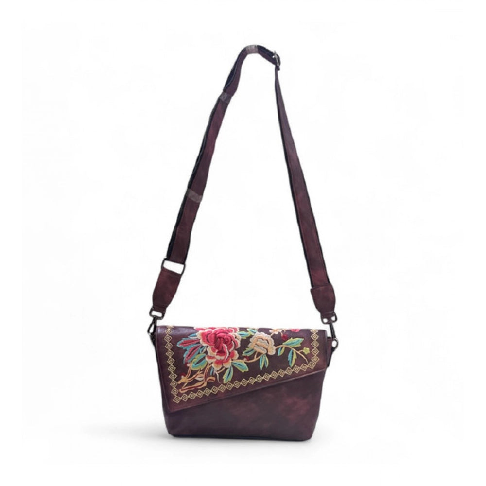 Women's Polyurethane Floral Embroidered Crossbody Sling Bag with Adjustable & Removable Strap (Red) - POPNOVA