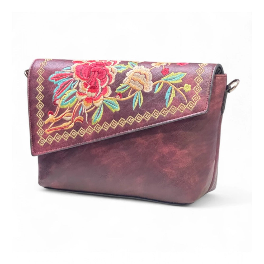 Women's Polyurethane Floral Embroidered Crossbody Sling Bag with Adjustable & Removable Strap (Red) - POPNOVA
