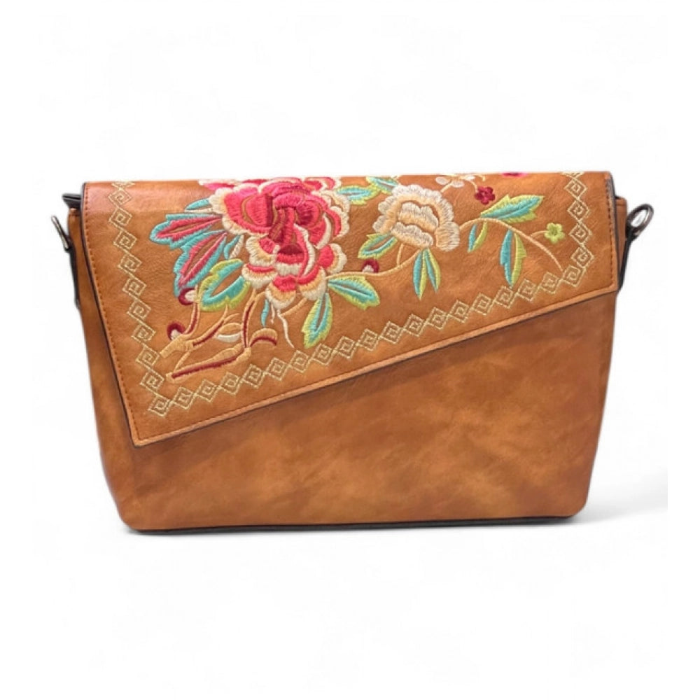 Women's Polyurethane Floral Embroidered Crossbody Sling Bag with Adjustable & Removable Strap (Tan) - POPNOVA