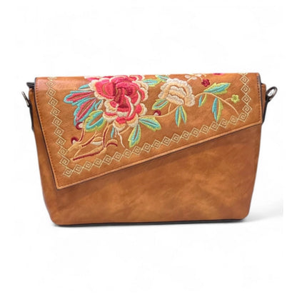 Women's Polyurethane Floral Embroidered Crossbody Sling Bag with Adjustable & Removable Strap (Tan) - POPNOVA