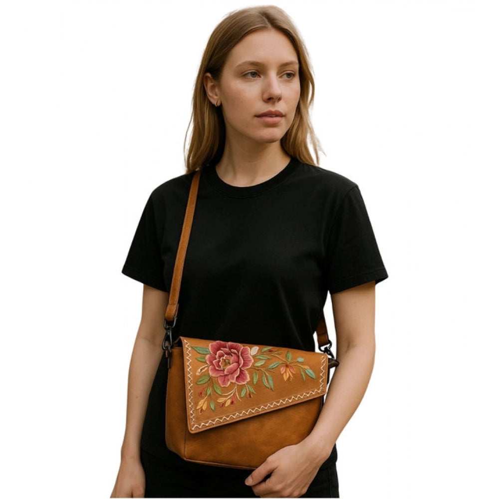 Women's Polyurethane Floral Embroidered Crossbody Sling Bag with Adjustable & Removable Strap (Tan) - POPNOVA