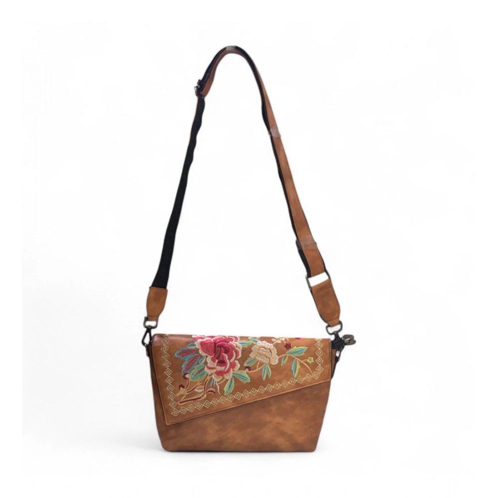 Women's Polyurethane Floral Embroidered Crossbody Sling Bag with Adjustable & Removable Strap (Tan) - POPNOVA