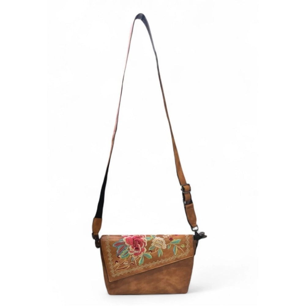 Women's Polyurethane Floral Embroidered Crossbody Sling Bag with Adjustable & Removable Strap (Tan) - POPNOVA