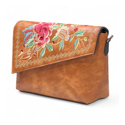 Women's Polyurethane Floral Embroidered Crossbody Sling Bag with Adjustable & Removable Strap (Tan) - POPNOVA