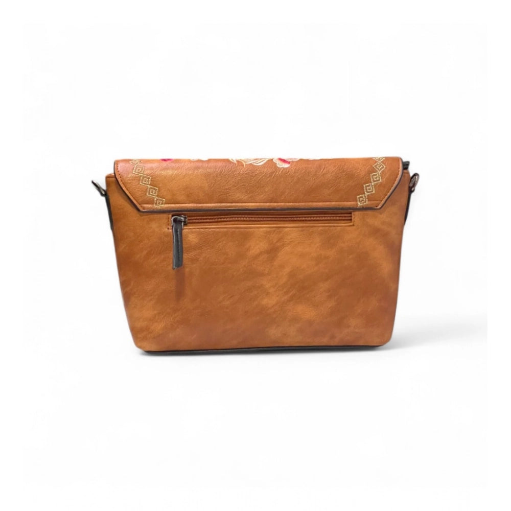 Women's Polyurethane Floral Embroidered Crossbody Sling Bag with Adjustable & Removable Strap (Tan) - POPNOVA