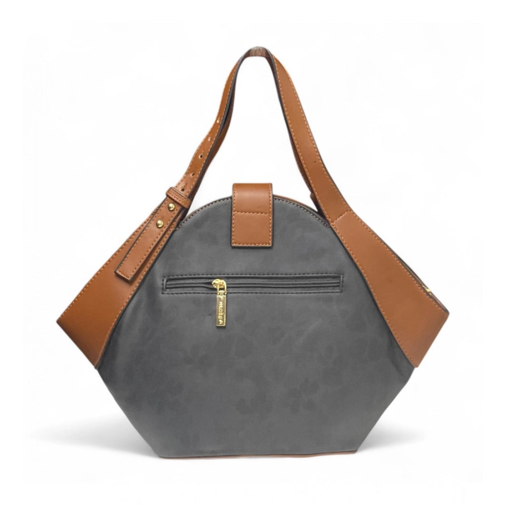 Women's Polyurethane Floral Printed Hexagonal Satchel Handbag with Adjustable Strap (Charcoal Grey) - POPNOVA