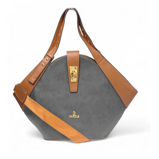 Women's Polyurethane Floral Printed Hexagonal Satchel Handbag with Adjustable Strap (Charcoal Grey) - POPNOVA